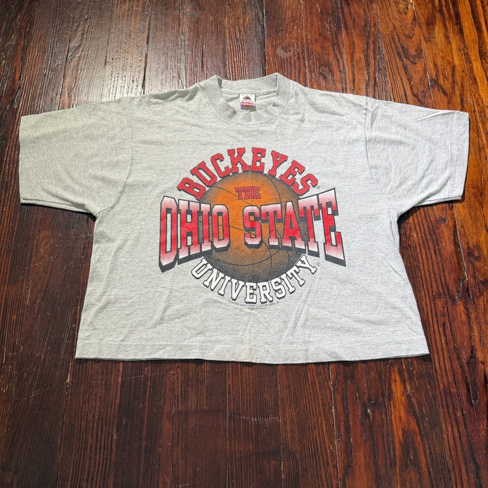 Vintage 1992 Ohio State Buckeyes Shirt Mens L Gray Single Stich Cropped Boxy 90s